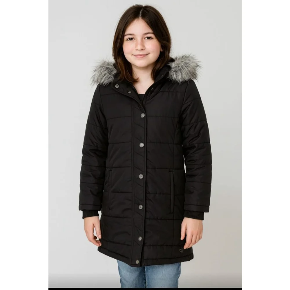 Girls Justice Black Puffer Jacket with Gray Faux Fur Hood M
